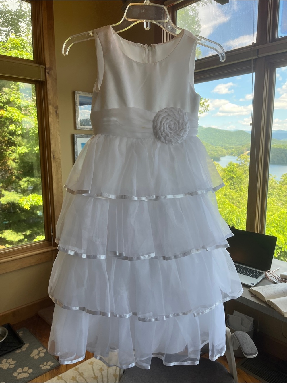David's Bridal White Tiered Flower Waist Girls' Dress